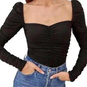 Reformation Black Ruched Square Neck Blouse